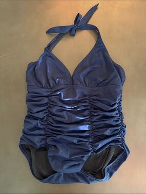 Navy Ruched Halter One-Piece Swimsuit